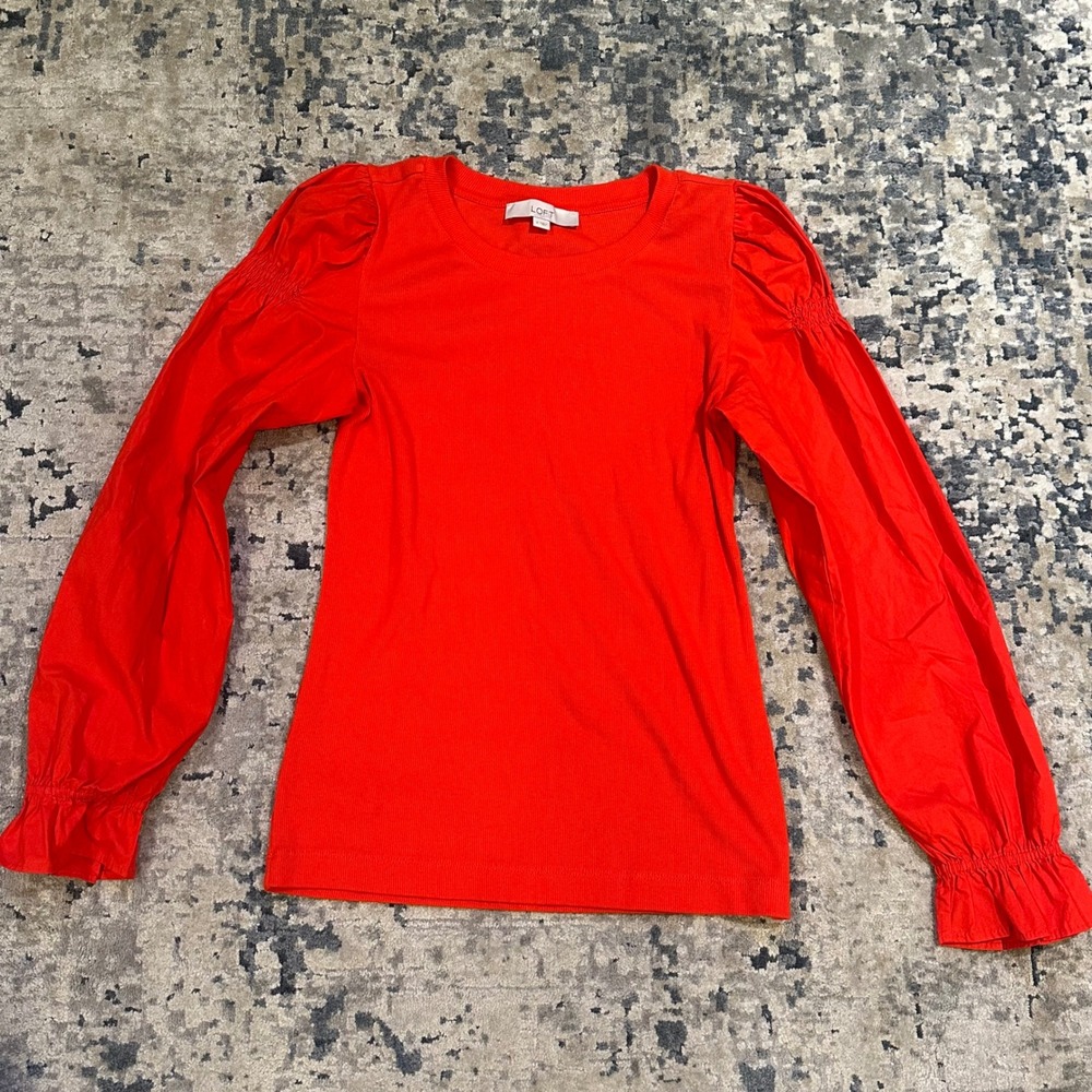 Loft Womens Red Mixed Media Smocked Puff Long Sleeve Ribbed Knit Top Small